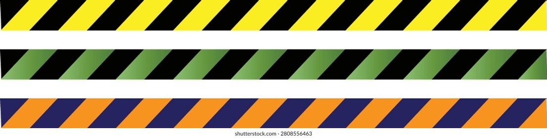 Three horizontal bands featuring bold diagonal stripes in contrasting color combinations: yellow and black, green and black, and orange and navy.
