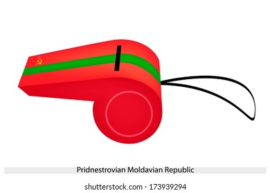 Three Horizontal Bands of Red, Green and Red with Golden Hammer, Sickle and Star of The Pridnestrovian Moldavian Republic or Transnistria Flag on A Whistle. 