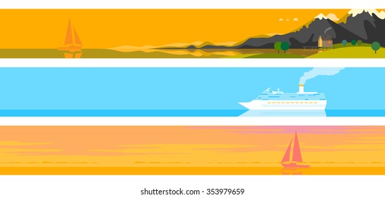 Three horizontal banner 468x60 pixels. Mountain Lake. Cruise ship in oekane. A lone sailboat at sea