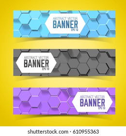 Three horizontal banner set with pentagon pattern in three colors and on yellow background vector illustration