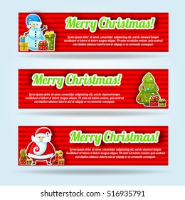 Three horizontal banner set with red stripes green headlines and christmas figures vector illustration