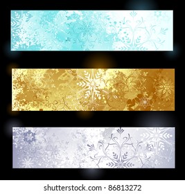 Tres Anuncios Horizontales con copos de nieve y joyas brillantes vertieron textura.
