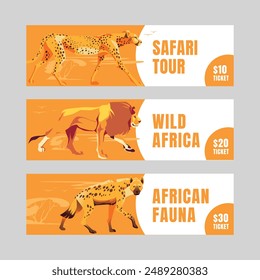 Three horizontal banner with wild African cats. Yellow and orange. Vector flat illustration. Zoo and tourism