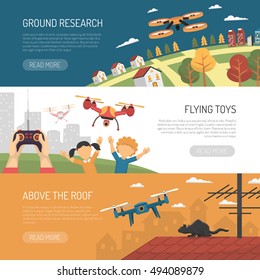 Three horizontal banners about use of drone with ground research and flying toys flat vector illustration