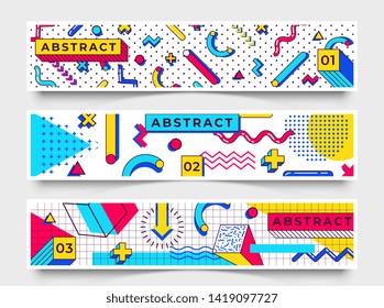 Three horizontal banners. Abstract 90s trends elements with geometric shapes. Shapes with triangles, circles, lines