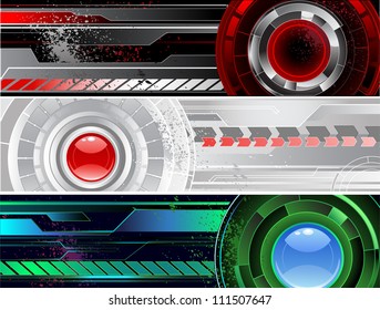 three horizontal banners with the abstract mechanism, on a black and gray background.
