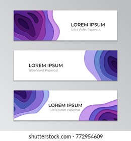 Three horizontal banners with abstract papercut design. Corporate template with multi layers of paper. Trendy ultra violet color scheme.