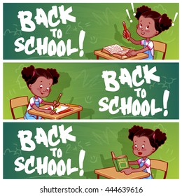Three horizontal banners with african american schoolgirl. Back to school! Vector template flayer isolated on a white background.