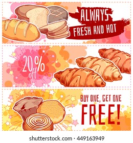 Three horizontal banners with bakery products. Bread, buns and muffins. Vector template flayer isolated on a white background.