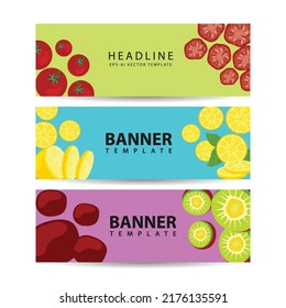 Tres pancartas horizontales con coloridas composiciones de verduras y frutas enteras y picadas