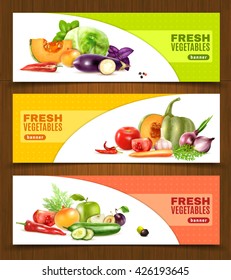 Three horizontal banners with colorful compositions of whole and chopped fresh vegetables and fruits in realistic style vector llustration