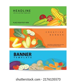 Tres banderas horizontales con verduras y frutas coloridas en ilustración vectorial de estilo realista