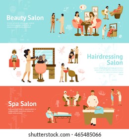 Three horizontal banners with customers receiving services in beauty hairdressing and spa salons flat vector illustration 