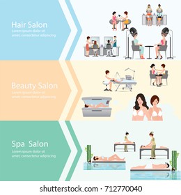 Three horizontal banners with customers in spa beauty salon and various beauty procedures , vector illustration.