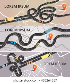 Three horizontal banners with different winding roads, cars, trucks, traffic on map and orange pin. Traffic jam on  highway.