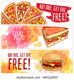Three horizontal banners for fast food. Pizza, hamburger and sandwich. Vector template flayer isolated on a white background.