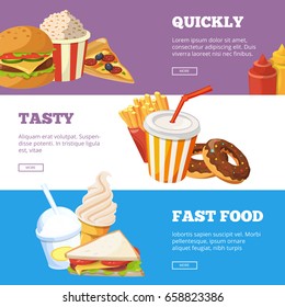 Three horizontal banners of fast food vector illustrations with burger, sandwich, ice cream and cold drinks