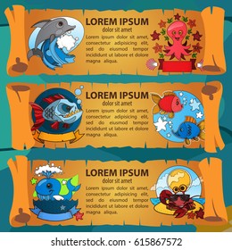 Three horizontal banners in the form of ancient scrolls with illustrations on the theme of the sea.