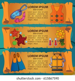 Three horizontal banners in the form of ancient scrolls with illustrations on the subject of diving.