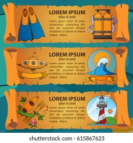Three horizontal banners in the form of ancient scrolls with illustrations on the subject of diving.
