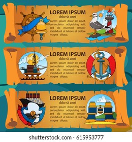 Three horizontal banners in the form of ancient scrolls with illustrations on the theme of the sea.