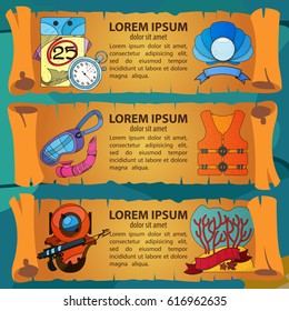 Three horizontal banners in the form of ancient scrolls with illustrations on the subject of diving.