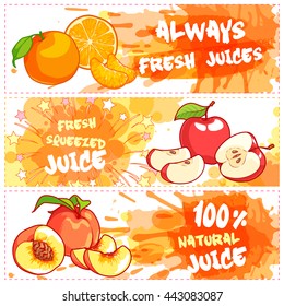 Three horizontal banners for fruit juices. Fresh natural juice. Vector template flayer isolated on a white background.