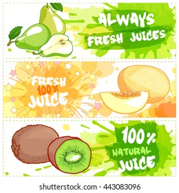 Three horizontal banners for fruit juices. Fresh natural juice. Vector template flayer isolated on a white background.