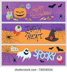 Three horizontal banners with happy Halloween. Vector illustration
