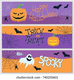 Three horizontal banners with happy Halloween. Vector illustration