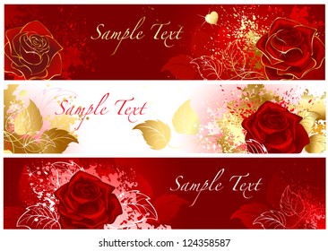 Three horizontal banners with red roses, decorated with splashes of paint.