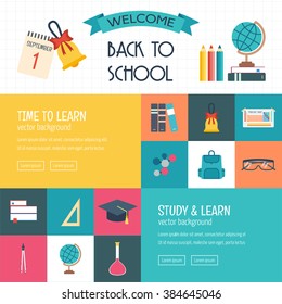 Three horizontal banners with school and education icons. Back to school. Flat and metro design. vector illustration