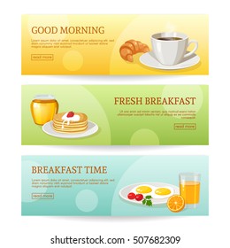 Three horizontal banners set with breakfast symbols cups with different drinks lunch dishes and text vector illustration