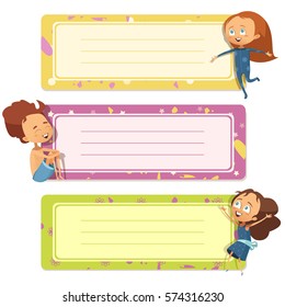 Three horizontal banners set for child notebook cover design with funny kids in cartoon style flat vector illustration