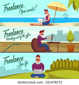 Three horizontal banners set with freelancer character working outdoors on beach hills and roof with text vector illustration