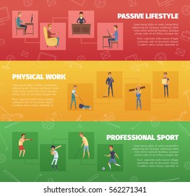 Three horizontal banners set with physical work and sport activities with human character icons and text vector illustration