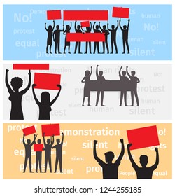 Three horizontal banners with silhouettes of strike people holding red and gray placards on demonstration vector illustration