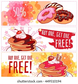 Three horizontal banners with sweets. Donuts and pancakes. Vector template flayer isolated on a white background.