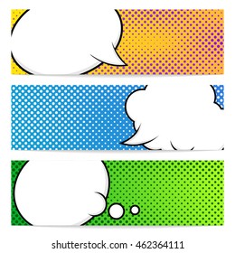 Three horizontal banners template with pop art background. Speech bubbles, comic book style. Isolated, vector, eps 10. 