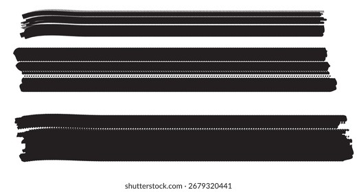 Three horizontal black brush strokes with varying widths and rough, textured edges, created with a brush.