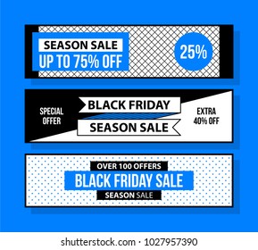 Three horizontal Black Friday banners in black and blue style on bright background