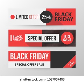 Three horizontal Black Friday banners in retro black and red style on gray background