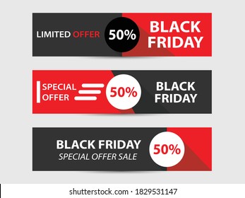 Three horizontal Black Friday banners in retro black and red style on gray background