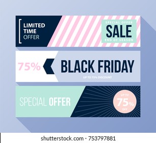 Three horizontal Black Friday banners with soft colors in flat style on blue background