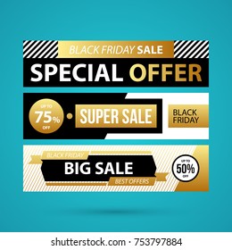 Three horizontal Black Friday banners in golden style on turquoise background