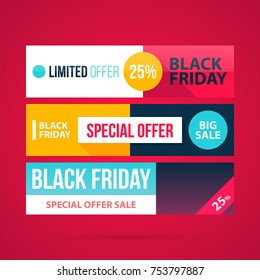 Three horizontal Black Friday banners in modern flat style on vibrant red background
