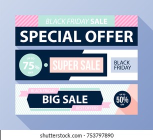 Three horizontal Black Friday banners with soft colors in flat style on blue background