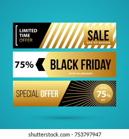 Three horizontal Black Friday banners in golden style on turquoise background
