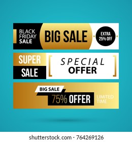 Three horizontal Black Friday banners in golden style on turquoise background