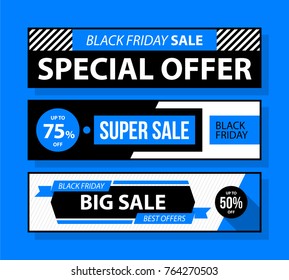 Three horizontal Black Friday banners in black and blue style on bright background